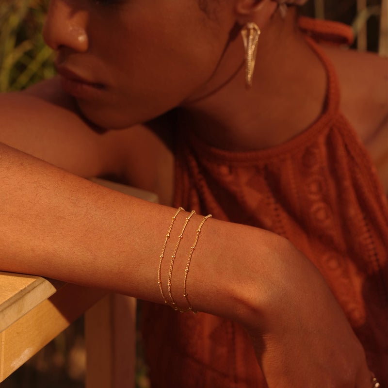 Fettero 14K Gold Bracelet for Women Gold Plated Bracelet Dainty Chain Gold Beaded Bracelet Paperclip/Curb/Figaro/Satellite Chain Adjustable Bracelet Jewelry -Satellite 3 Layer Gold - Image 2